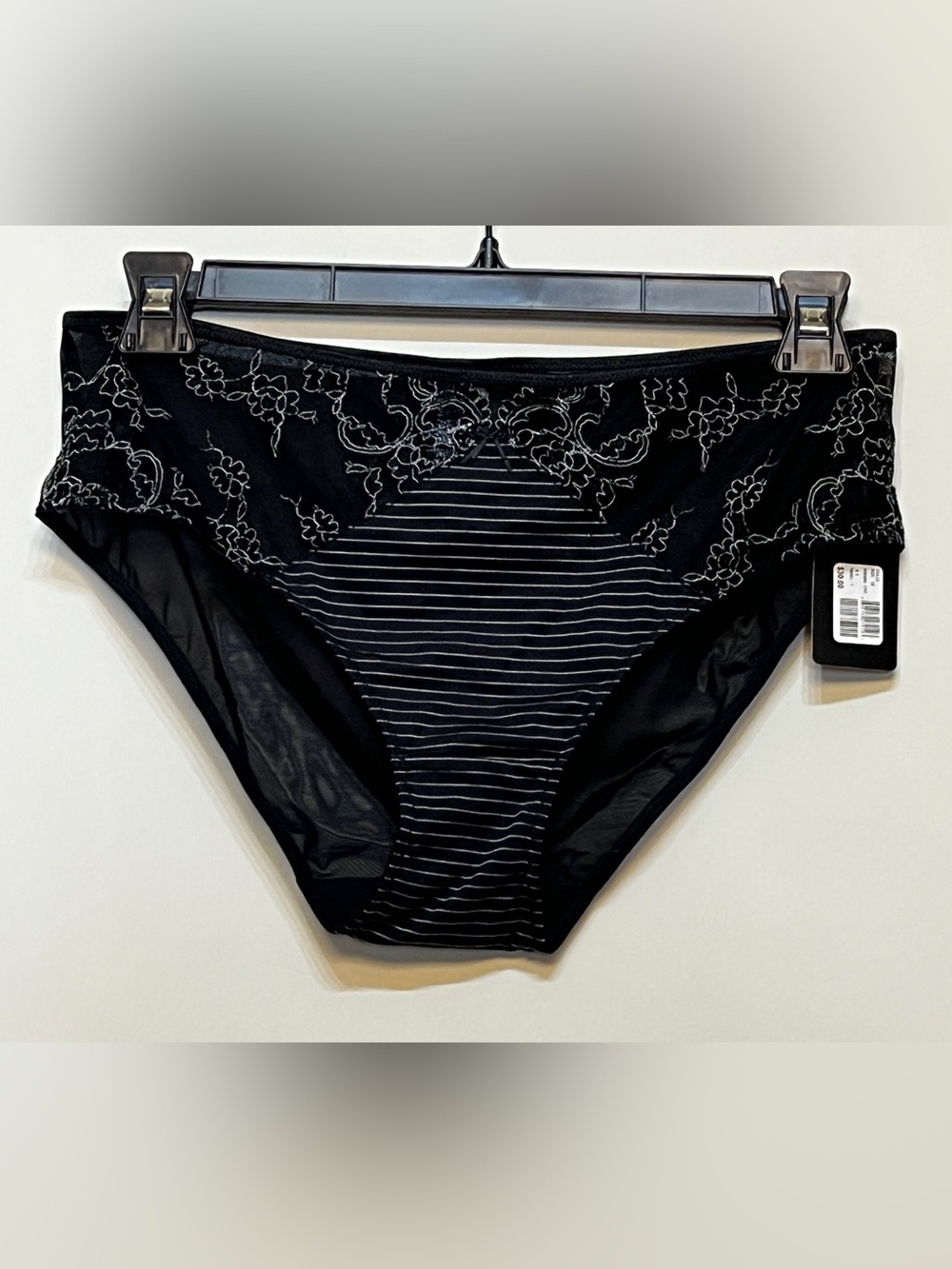 Ashley Graham Black Lace & Striped Bikini Brief